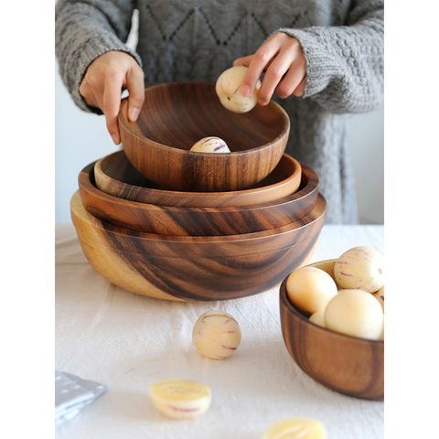 Bol en bois d'acacia de luxe naturel grain de bois corée style japonais bassin vaisselle ménage assiette de fruits riz ramen saladier ► Photo 1/5