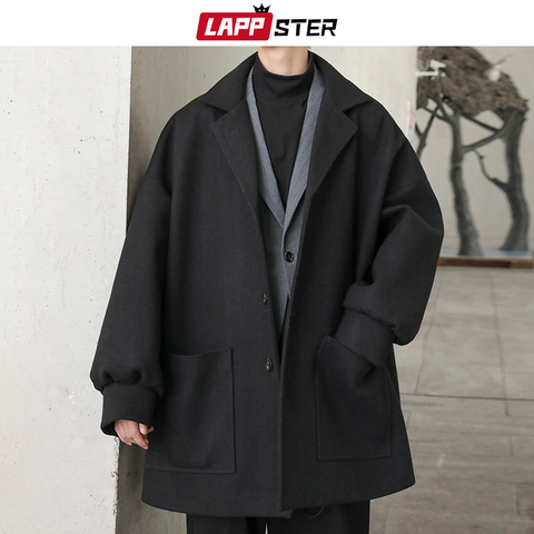 LAPPSTER-manteau d'hiver solide coréen pour hommes, manteau en laine 2022, Trench Coat Harajuku noir, vestes et manteaux en flanelle à boutons ► Photo 1/6