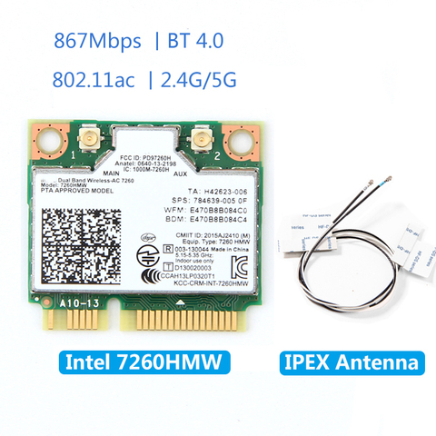 Mini carte PCI-E sans fil 7260HMW pour Intel AC 7260, double bande 867 mb/s, 802.11ac 2.4G/5G, Bluetooth 4.0 + 2x antenne U.FL IPEX ► Photo 1/6