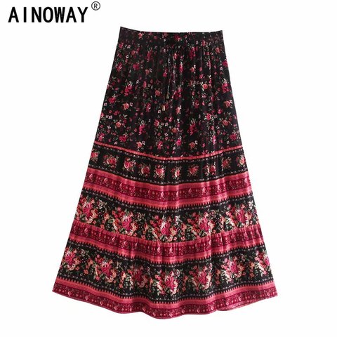 Jupe Maxi de plage pour femmes, imprimé floral ethnique, Vintage, chic, bohème, taille haute, élastique, rayonne, coton, Boho ► Photo 1/6