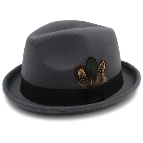 Chapeau Fedora en laine pour homme, chapeau à bord enroulé, plume, décoratif, église, Jazz, Panama ► Photo 1/6