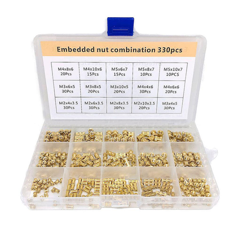 Ensemble d'écrous filetés en laiton, 330 pièces, M2/M3/M4/M5/M6/M8, combinaison d'écrous encastrés, écrou en cuivre moleté, rond moulé, emballé ► Photo 1/6