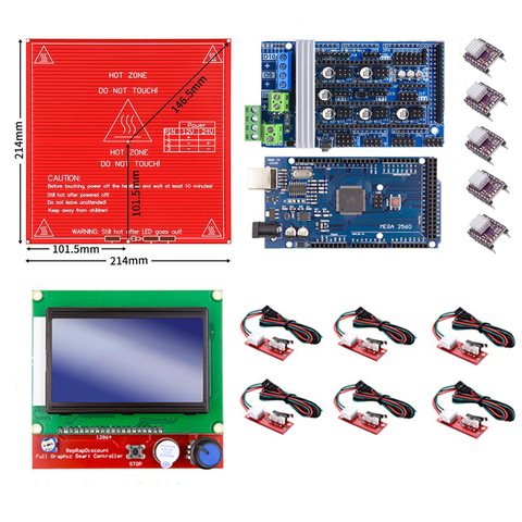 Kit Ramps 1.6 avec Mega 2560 r3 + lit chauffant MK2B + contrôleur LCD 12864 + DRV8825 + interrupteur mécanique + câbles pour imprimante 3D ► Photo 1/6