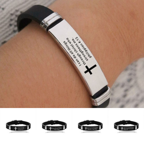 Croix Bible chrétien hommes Bracelet longueur réglable Silicone bracelets Bracelet ecriture amour ne manque jamais bijoux masculins ► Photo 1/6