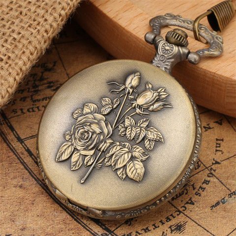 Élégance Rose fleurs Design plein chasseur Bronze Quartz montre de poche Steampunk poche chaîne rétro poche pendentif horloge hommes femmes ► Photo 1/6