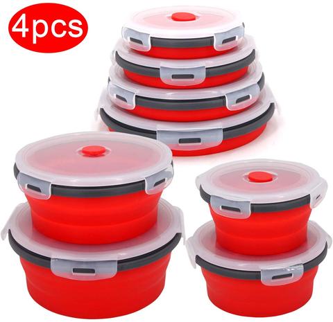 Rond Silicone pliant boîte à déjeuner ensemble micro-ondes pliant bol Portable pliant alimentaire conteneur boîte salade Snack bol avec couvercle ► Photo 1/6