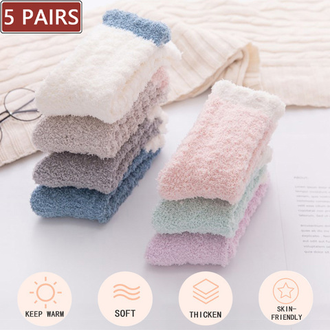 5 paires femmes épais hiver chaud chaussettes moelleux floue plancher sommeil Kawaii chaussettes coloré mignon thermique blanc doux velours Nylon chaussettes ► Photo 1/6