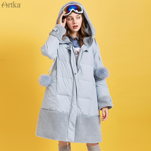 ARTKA 2022 hiver nouveau manteau en duvet pour femmes 90% duvet de canard blanc épais vêtements d'extérieur chauds laine d'agneau épissure à capuche longue vers le bas manteau ZK10791D ► Photo 1/6