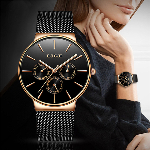 LIGE – Montre de luxe à quartz, en acier inoxydable, ultra-fine, pour femme, avec bracelet en maille, marque de qualité, collection 2022 ► Photo 1/6