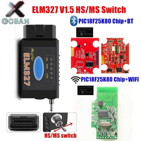 Interrupteur ELM327 V1.5 HS-CAN/MS-CAN, puce compatible Bluetooth/WIFI, ELM 327 pour Ford FORScan, prise OBD2, Scanner de Diagnostic de voiture ► Photo 1/1