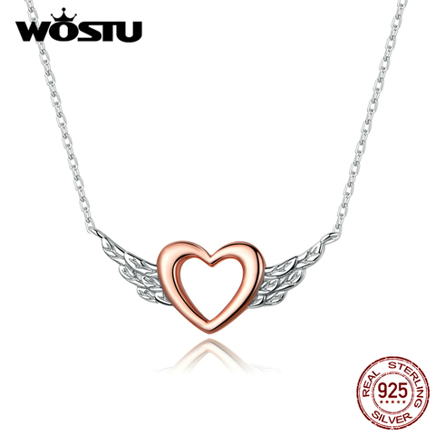 WOSTU – collier ailes en forme de cœur pour femmes, en argent Sterling 925, or Rose, Long lien de chaîne, bijoux de fiançailles, cadeau de mariage, CTN162 ► Photo 1/6