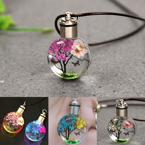 Nouveau lumineux séché fleur papillon boule de verre femmes collier pendentif corde chaîne collier pour les femmes bande en cuir tour de cou ► Photo 1/6