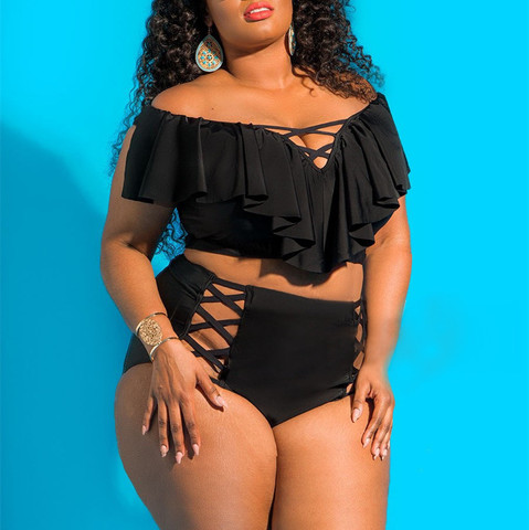 Bikini taille haute, maillot de bain pour femmes, grande taille, costume de bain à volants, ensemble deux pièces, L-4XL-5XL ► Photo 1/6