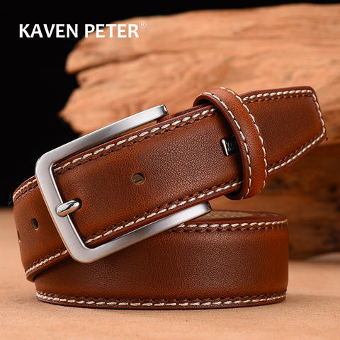 Ceinture en cuir véritable de vache pour hommes, boucle ardillon, Vintage, classique, luxe, nouvelle mode ► Photo 1/6