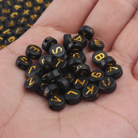 100/200/500 pièces 4x7mm mélangé noir & or lettre perles pièce acrylique perles pour bracelet à bricoler soi-même fabrication de bijoux 1.7mm trou ► Photo 1/5