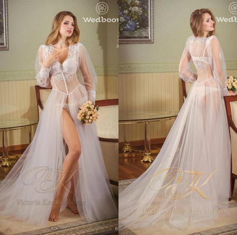 Robe de nuit en dentelle pour femmes, fente frontale, manches longues, vêtements pour mariée ► Photo 1/1