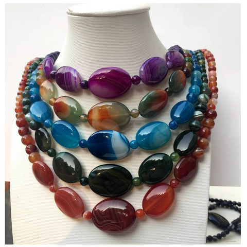 Collier à breloques en agate naturelle pour hommes et femmes, 22mm x 30mm, perles rondes ovales, multicolores, à la mode, 21.5 pouces ► Photo 1/6