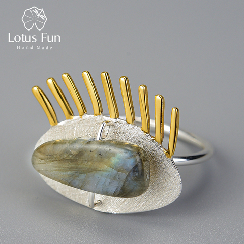 Lotus Fun – bague en argent Sterling 925, bijoux fins en Labradorite naturelle, bague ajustable, cils dorés intéressants pour femmes ► Photo 1/6