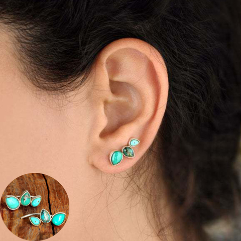 Boucles d'oreilles avec turquoise tibétaine, en pierre naturelle, bijoux Boho, goutte d'eau, couleur argent, pour femmes, fête ► Photo 1/6