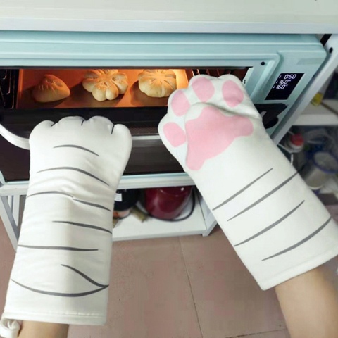 Mitons de cuisine antidérapants | Longs en coton, résistant à la chaleur, avec pattes de chat en 3D de dessin animé, gants isolants de cuisson en coton pour micro-ondes ► Photo 1/6