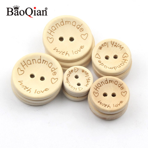 Boutons de boutons en bois naturel 2 trous faits à la main avec amour en bois pour Scrapbooking, bricolage artisanal pour vêtements de bébé, accessoires de couture, 50 pièces ► Photo 1/6