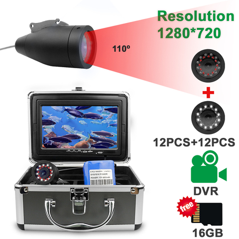 Caméra de pêche sous-marine, détecteur de poissons, écran HD 1280x720, 12 led blanches + 12 lampes infrarouges, 16 go de codage ► Photo 1/6