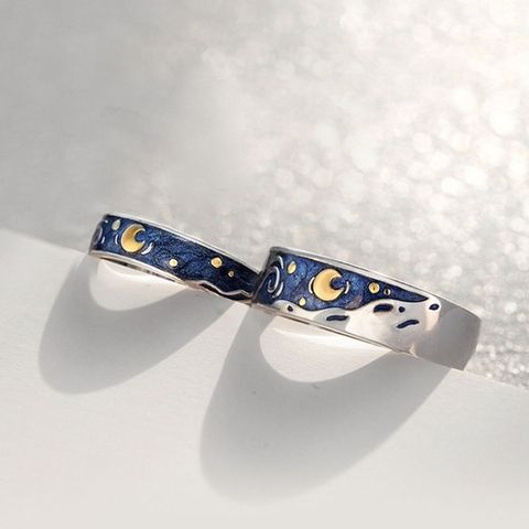 S925 Van Gogh ciel étoilé ouvert amant anneaux bande romantique Couple bijoux anneau ► Photo 1/6