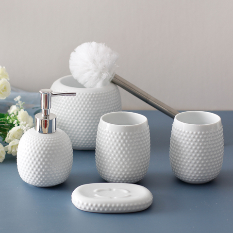 Ensemble d'accessoires de salle de bain minimaliste blanc, brosse de nettoyage, distributeur de savon, forme de Golf, brosse de toilette en céramique, tasses de lavage, porte-savon ► Photo 1/6