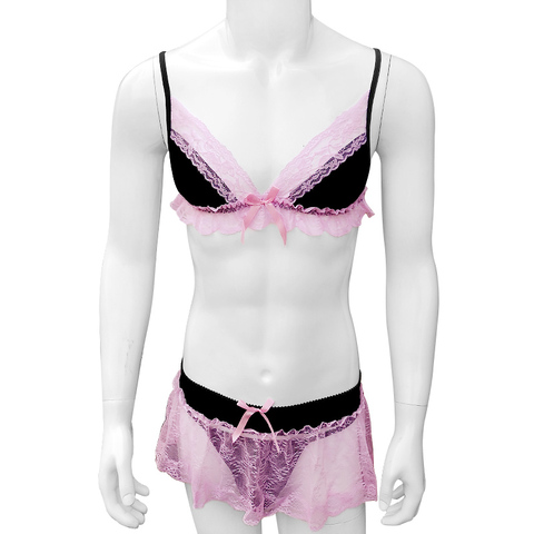 Froufrous dentelle hommes Lingerie ensemble de soutien-gorge pour Sissy culotte avec string Mini dentelle robe pyjamas ensemble vêtements de nuit vêtements de nuit Spaghetti sangle ► Photo 1/6