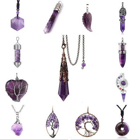 KFT naturel guérison cristal Quartz pierre améthystes Reiki arbre de vie hexagone coeur Chakra pierre pendentif fil enveloppé bijoux ► Photo 1/6