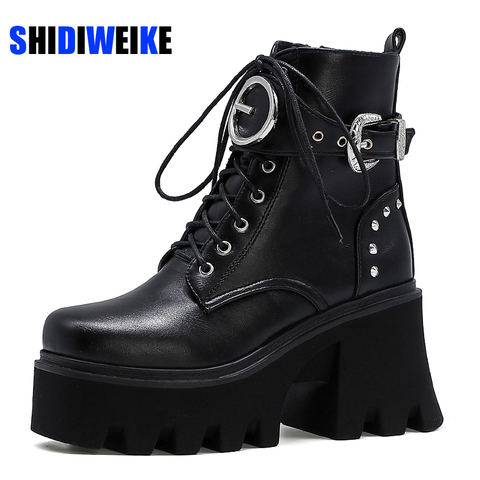 Bottines Punk femme mode fermeture éclair ceinture boucle botte femmes unique Punk botte dames plate-forme bottes chaussures femme taille 44 AB826 ► Photo 1/6