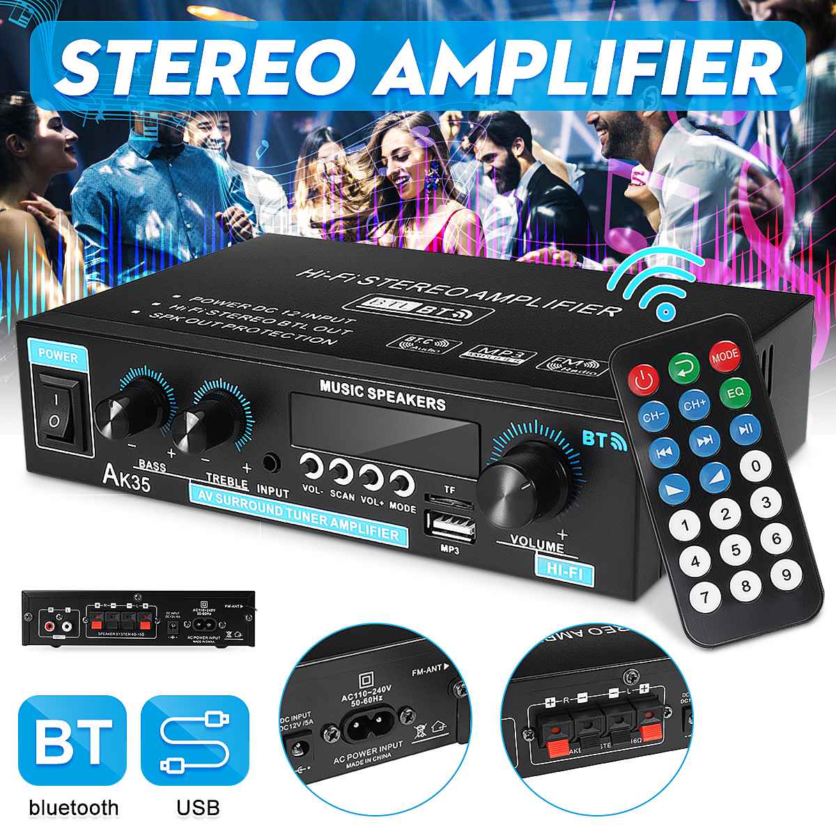 110V/220V 400W + 400W Mini 2.0 canaux amplificateur numérique bluetooth 5.0 récepteur USB lecteur de musique stéréo maison/voiture/Marine Audio Amp ► Photo 1/6