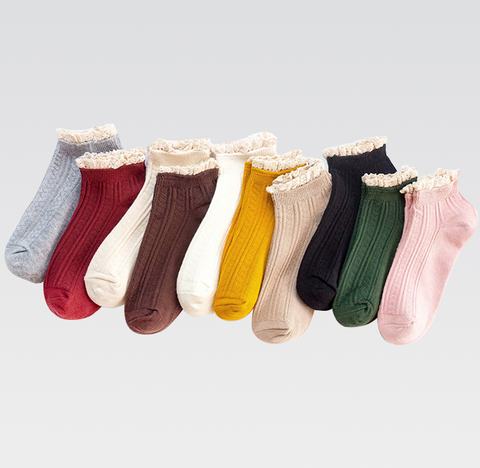 Chaussettes en coton pour femmes, 4 paires, chaussettes à volants en dentelle, couleur unie, pour printemps et été, adorables, confortables, pour princesse et fille ► Photo 1/6