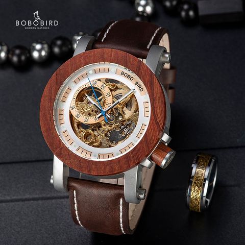 BOBO BIRD-montre-bracelet en cuir véritable pour hommes, équipement rouge bois, mécanique, cadeau de noël ► Photo 1/6