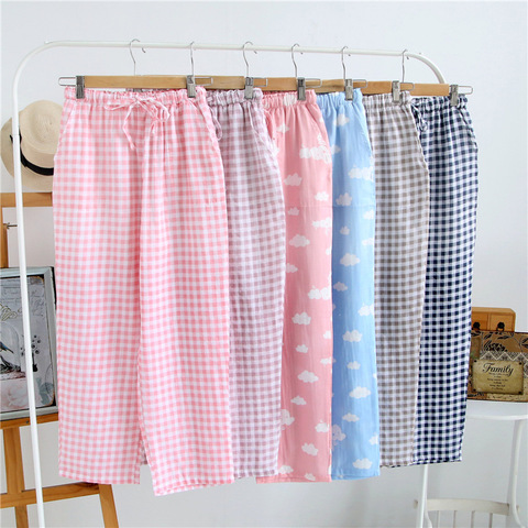 Été dames pyjamas tricoté coton pantalon hommes femmes Plaid pantalon lâche décontracté sommeil bas vêtements de nuit pantalon Pijamas Pyjama ► Photo 1/5