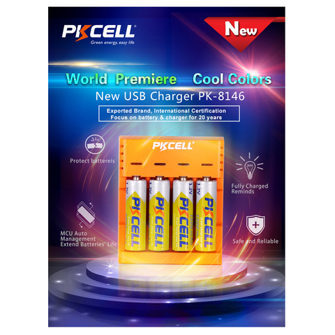 PKCELL – chargeur de batterie Rechargeable pour NIMH NICD, 1.2V, AAA, avec 4 ports USB, 3 couleurs, bleu, noir, Orange ► Photo 1/6