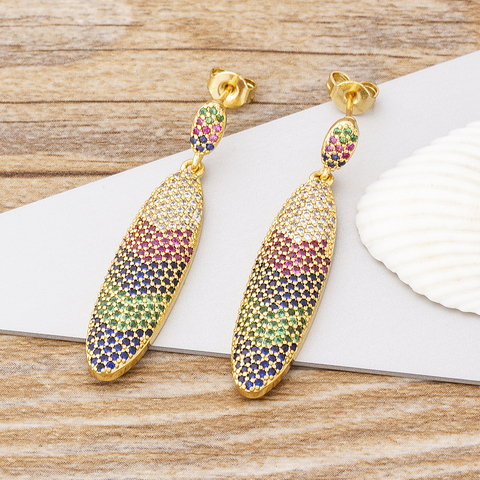 Boucles d'oreilles en cuivre et cristal CZ pour femmes et filles, bijoux de luxe, arc-en-ciel, pendentif géométrique en Zircon, cadeau de mariage, nouvelle collection ► Photo 1/6