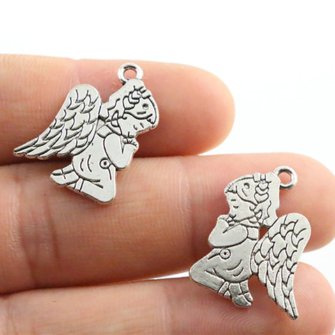 Breloques antiques en plaqué argent pour fille ange, avec ailes, faites à la main, pendentif pour bracelet, bricolage, 23x16mm, 15 pièces, necklace-P2-09 ► Photo 1/2