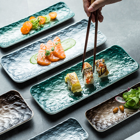 Assiette longue à Sushi rectangulaire en céramique nordique en céramique assiette longue gâteau Dessert Snack, nourriture occidentale saumon Sashimi ailes de poulet grillé japonais ► Photo 1/5