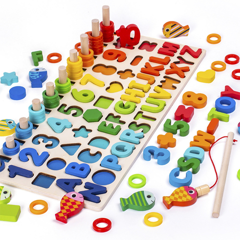 Jouets en bois 3D Montessori, pêche magnétique en forme numérique, blocs assortis, jouets éducatifs pour enfants, planche occupée, maths, écoles maternelles ► Photo 1/6