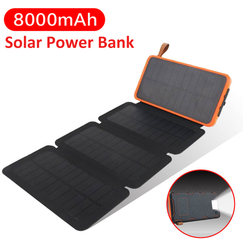 Power Bank solaire pliable Portable 8000mAh, batterie externe, chargeur de téléphone avec lampe de Camping SOS LED ► Photo 1/6