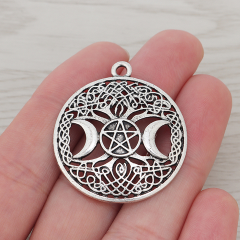 5 pièces en argent tibétain à Triple lune, déesse Wicca, pentagramme magique, amulette d'arbre, pendentifs pour la fabrication de bijoux, 35mm ► Photo 1/3