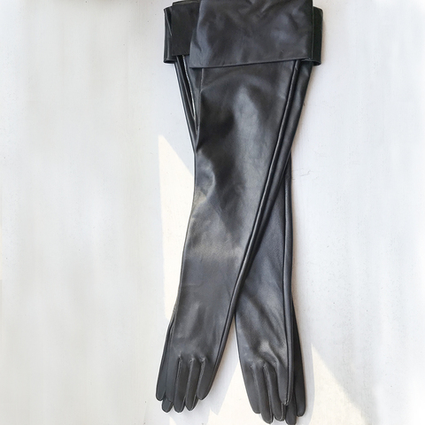 Gants longs en cuir sur mesure vraiment en peau de mouton 60cm Eversion Double couche grande coupe Extra longue en cuir noir écran tactile femmes ► Photo 1/6