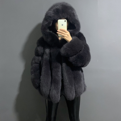 Manteau de fourrure en renard, très chaud, avec grande capuche, en cuir véritable pour femmes, rf1991, pour l'hiver ► Photo 1/6