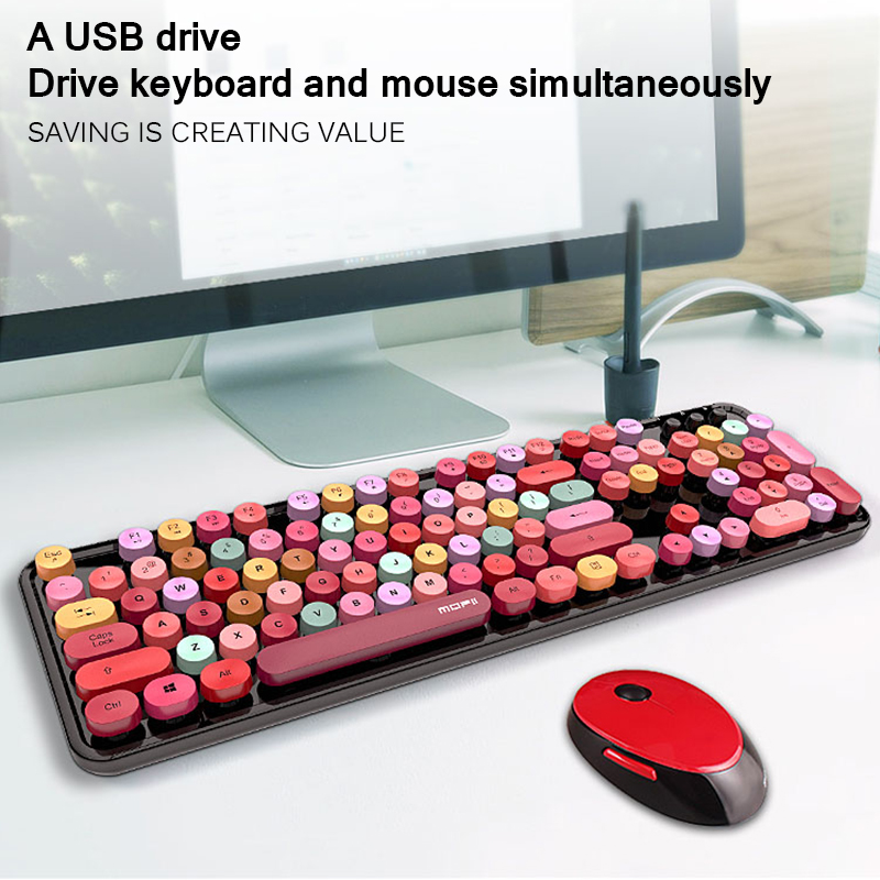 Clavier sans fil,2.4G sans fil silencieux jeu clavier et souris rond keycap  clavier souris de jeu pour Macbook PC Gamer ordinateur portable clavier