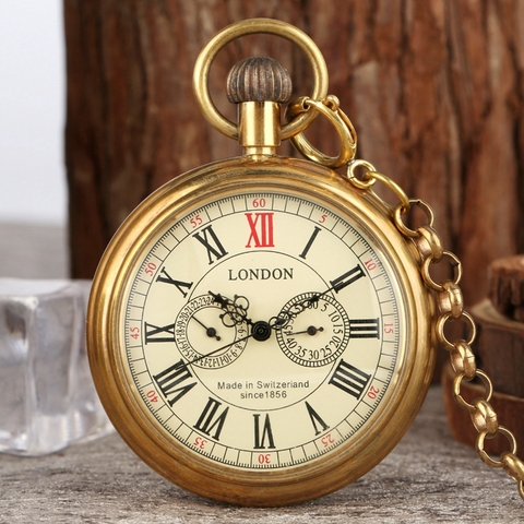 Antique cuivre londres 1856's Antique 5 mains mécanique poche & fob montres remontage à la main squelette hommes montre de poche 30cm chaîne ► Photo 1/6