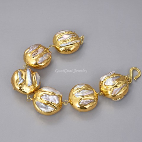 GuaiGuai-Bracelet de perles naturelles, 8.5 pouces, couleur Keshi, blanc, or jaune, plaqué ► Photo 1/6
