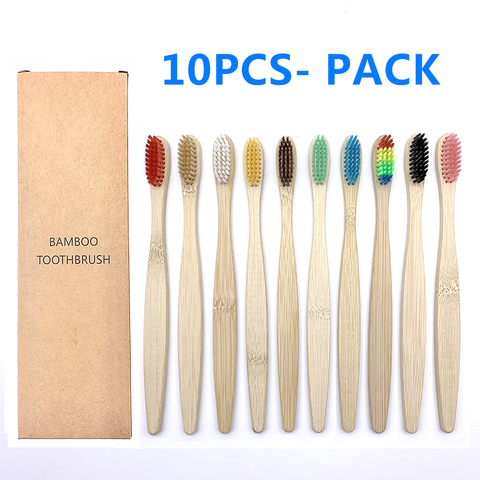 Brosse à dents en bambou naturel coloré, ensemble de 10 pièces, brosse à dents en bambou à poils souples, pour le blanchiment des dents, soins dentaires souples ► Photo 1/6