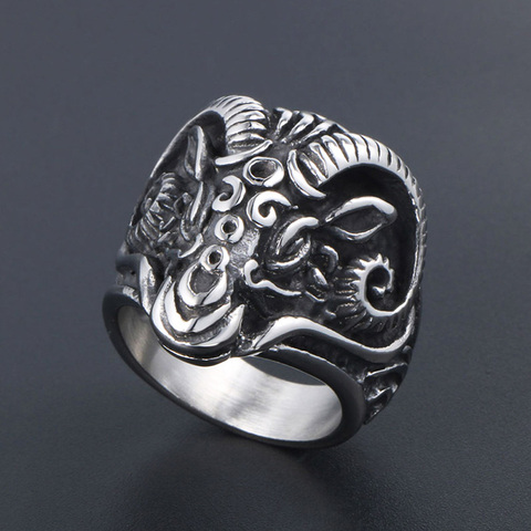 Bague Vintage gothique en forme de tête de mouton pour hommes, anneau en acier inoxydable, en métal lourd, Animal, Punk, motard, bijoux ► Photo 1/5