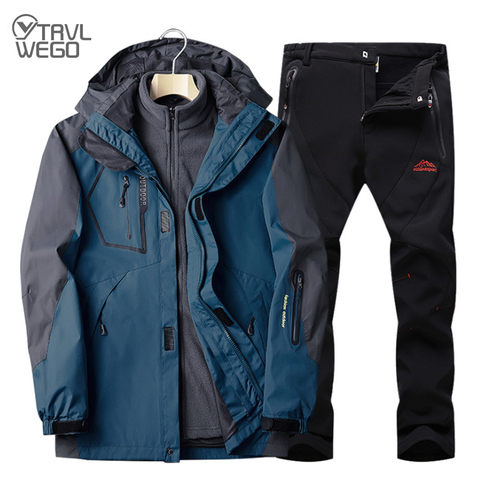 TRVLWEGO hommes Camping randonnée 2 en 1 veste softshell pantalon extérieur Ski imperméable coupe-vent épaissir polaire escalade garder au chaud ► Photo 1/6